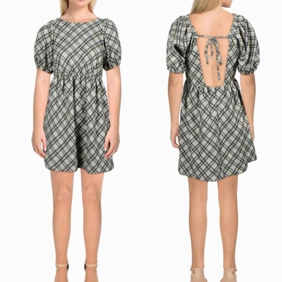 🌻 Line And Dot Plaid Open-Back Dress - Picture 1 of 6